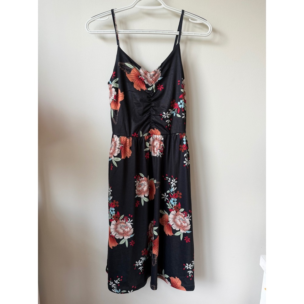 Yathon Black Floral Spaghetti Strap Sun Dress V-Neck A-Line Midi Womens Medium